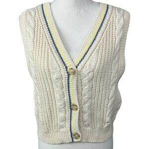 American Eagle Sweater Vest Cable Knit Cropped Cream Striped Button Up M NEW